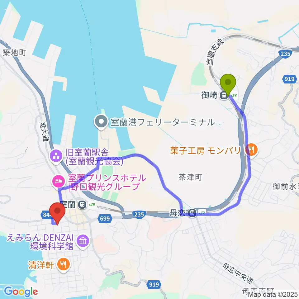 御崎駅から室ガス文化センターへのルートマップ地図