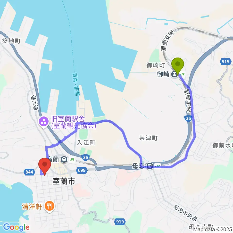 御崎駅から室ガス文化センターへのルートマップ地図