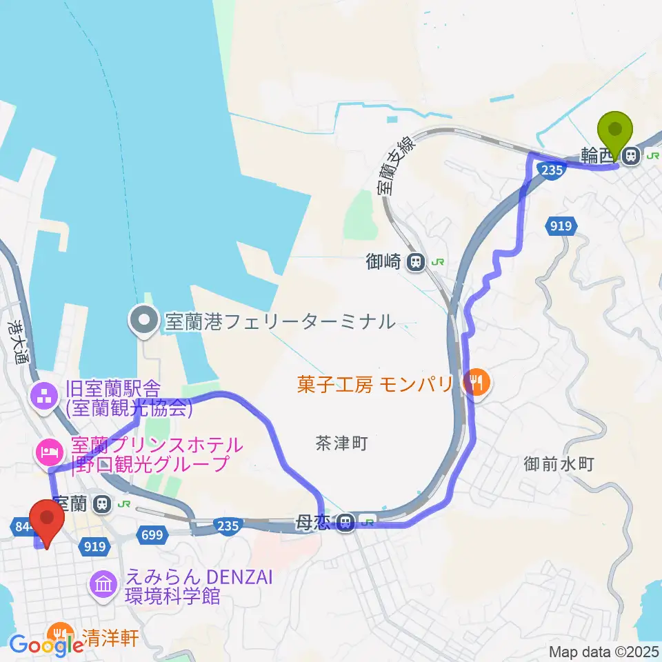 輪西駅から室ガス文化センターへのルートマップ地図