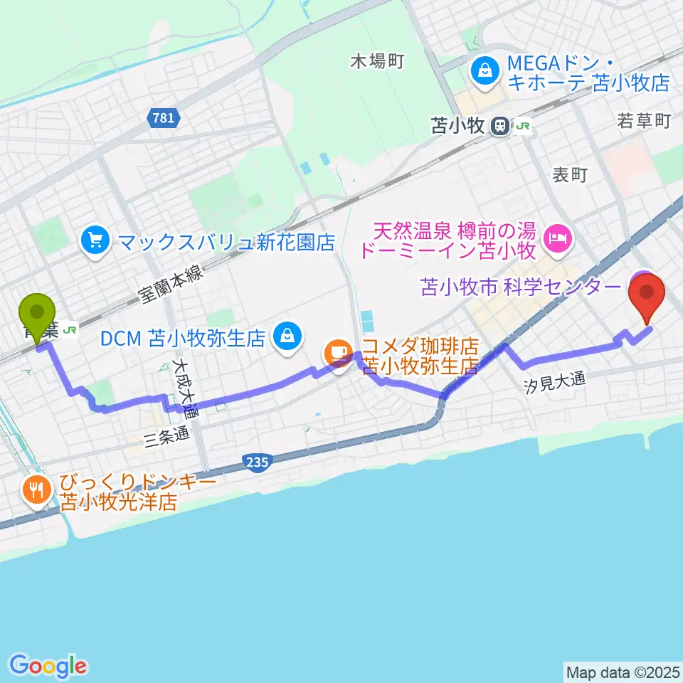 青葉駅から苫小牧市文化会館へのルートマップ地図