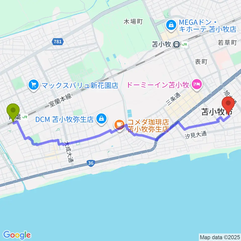 青葉駅から苫小牧市文化会館へのルートマップ地図