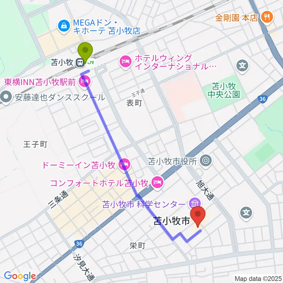 苫小牧市文化会館の最寄駅苫小牧駅からの徒歩ルート（約20分）地図