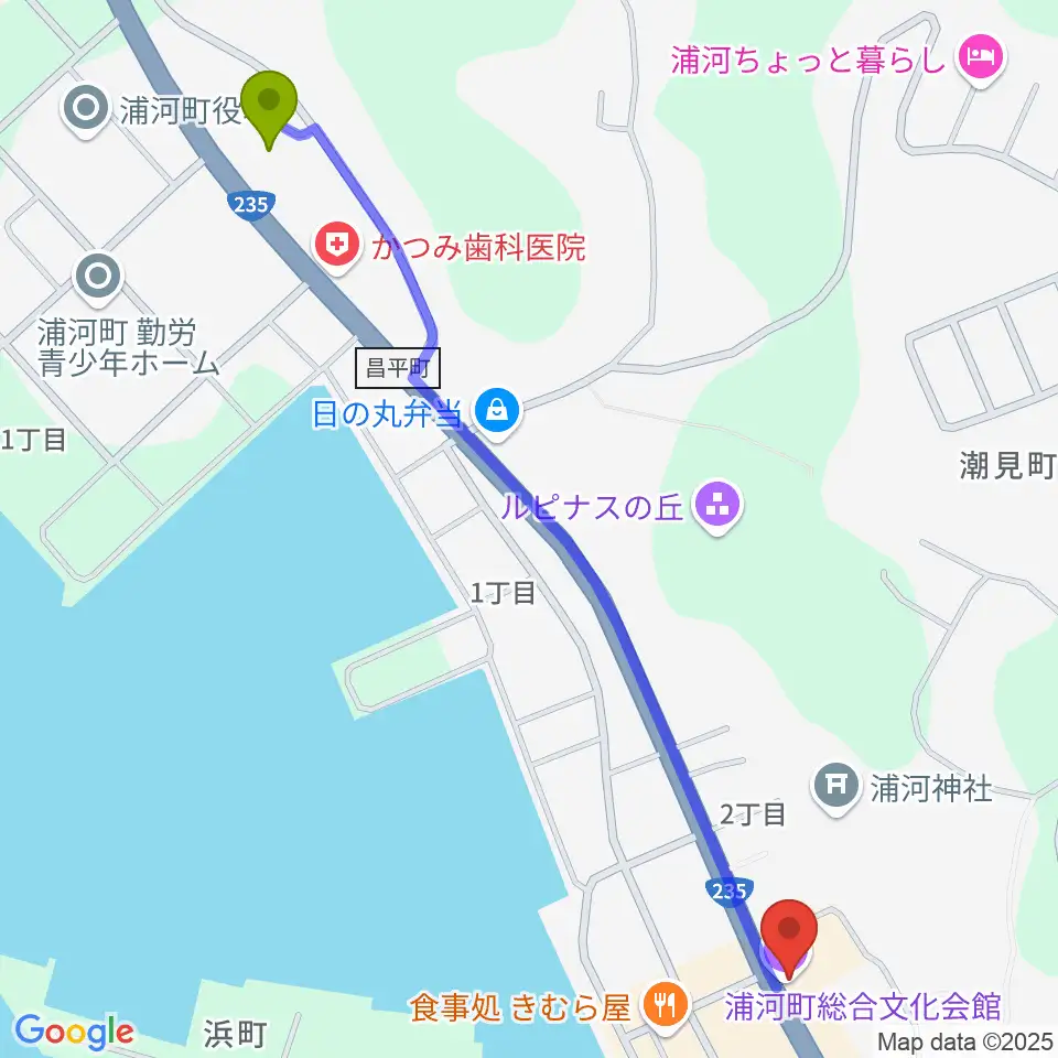 浦河町総合文化会館の最寄駅浦河駅からの徒歩ルート（約13分）地図