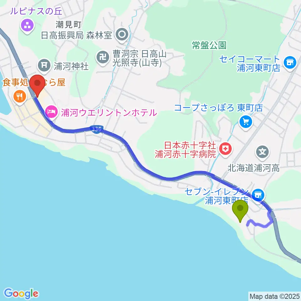 東町駅から浦河町総合文化会館へのルートマップ地図