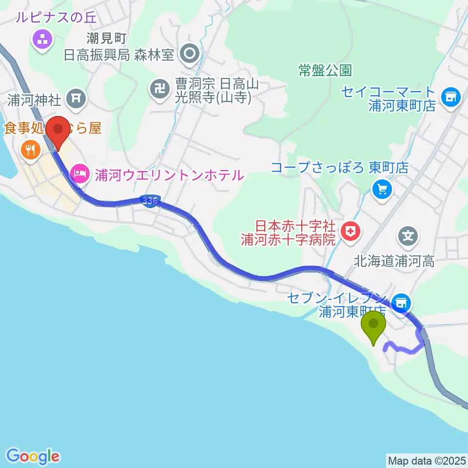 東町駅から浦河町総合文化会館へのルートマップ地図