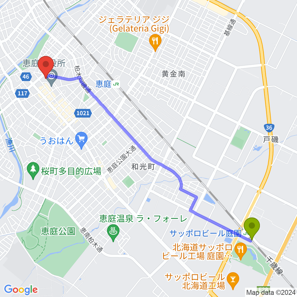 サッポロビール庭園駅から恵庭市民会館へのルートマップ地図