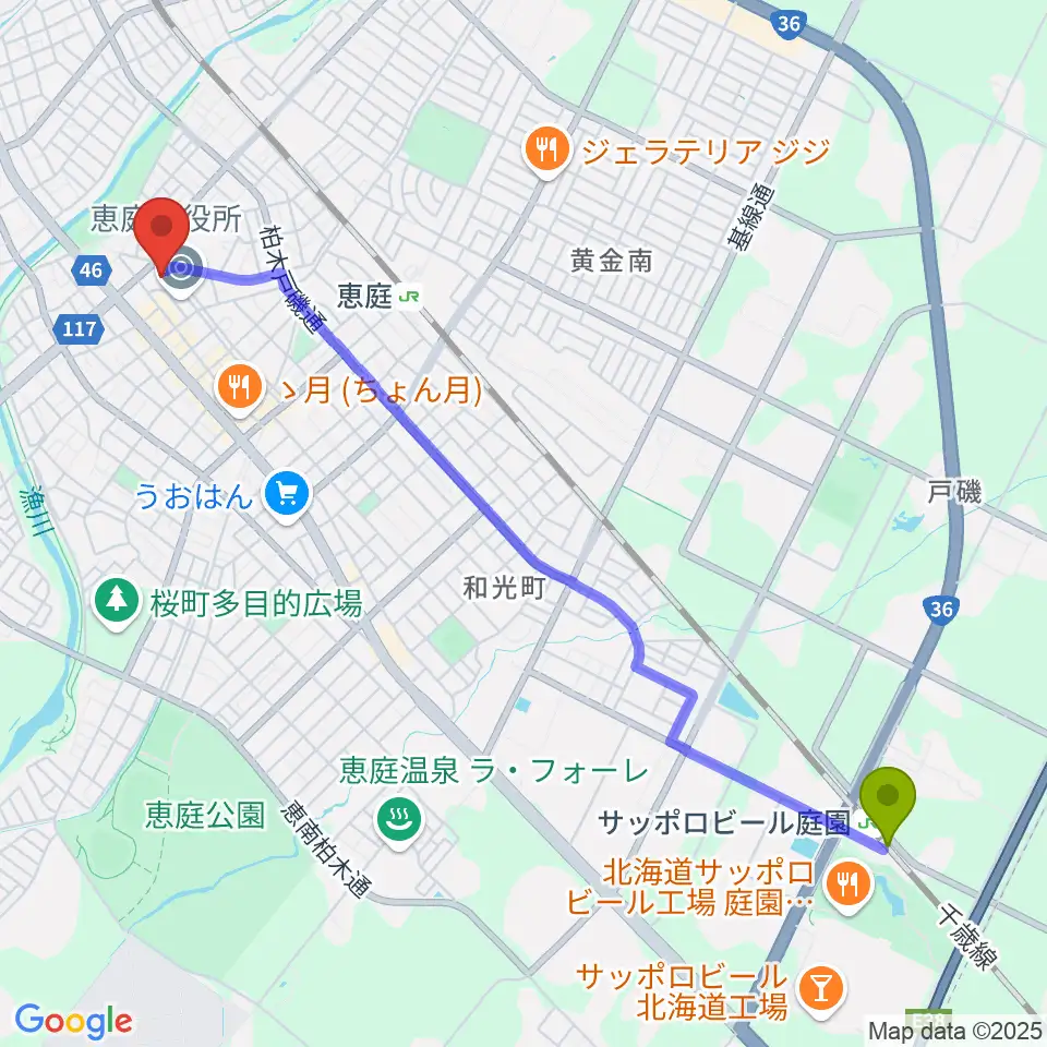 サッポロビール庭園駅から恵庭市民会館へのルートマップ地図