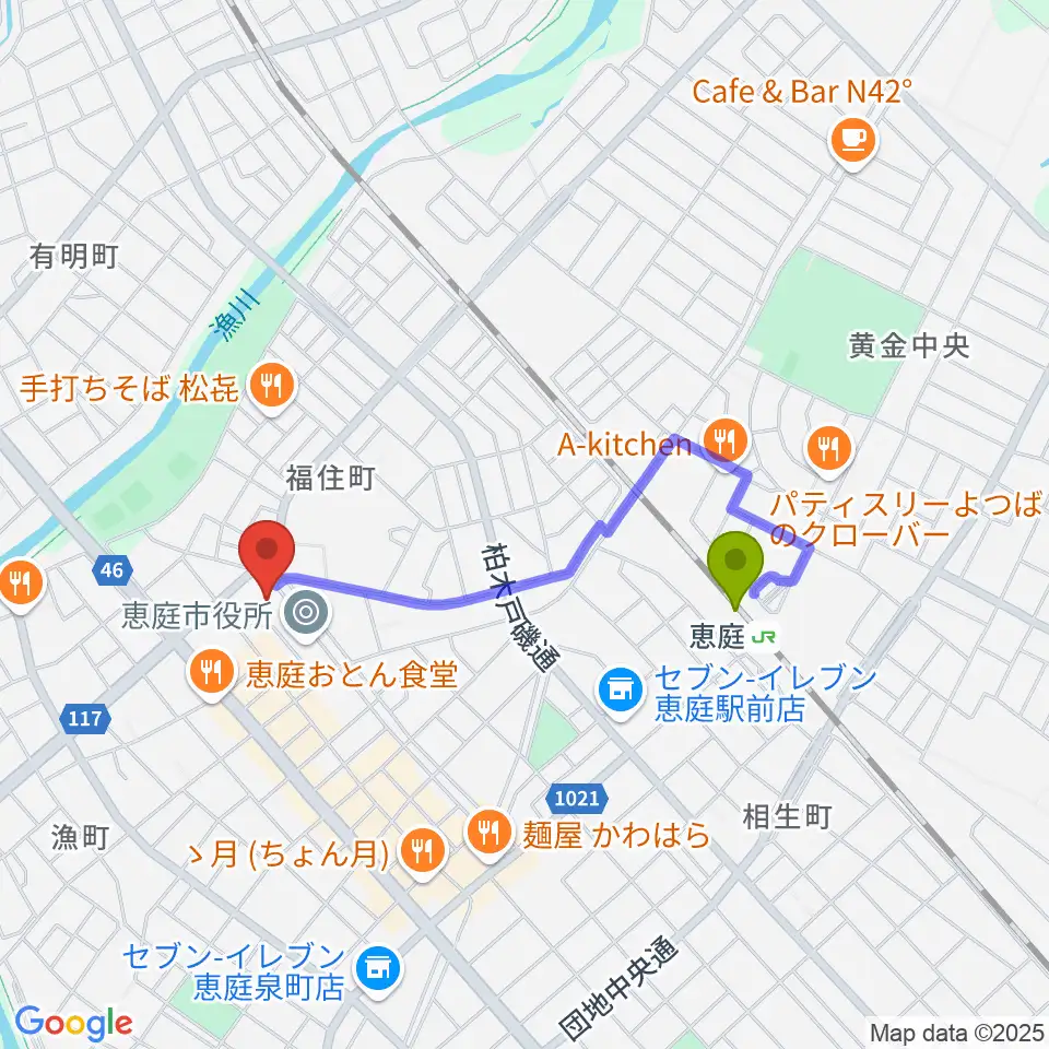 恵庭市民会館の最寄駅恵庭駅からの徒歩ルート（約13分）地図