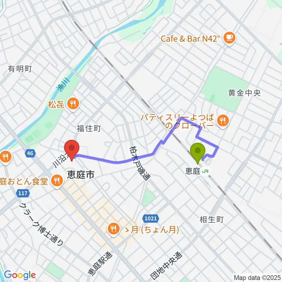 恵庭市民会館の最寄駅恵庭駅からの徒歩ルート（約13分）地図