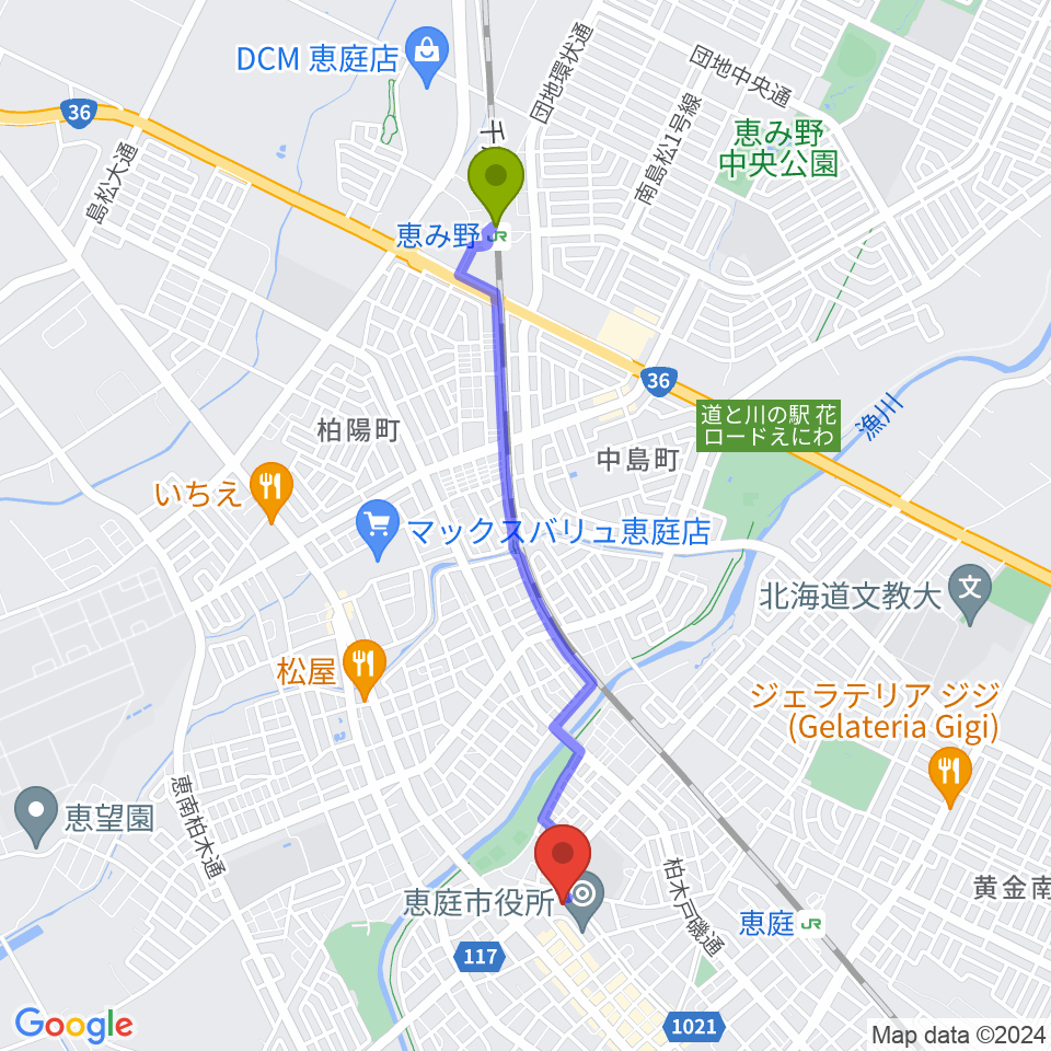 恵み野駅から恵庭市民会館へのルートマップ地図