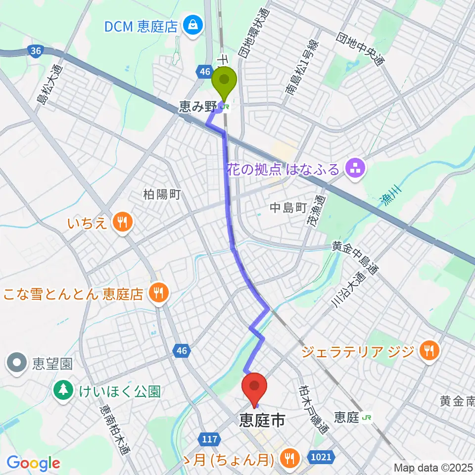 恵み野駅から恵庭市民会館へのルートマップ地図