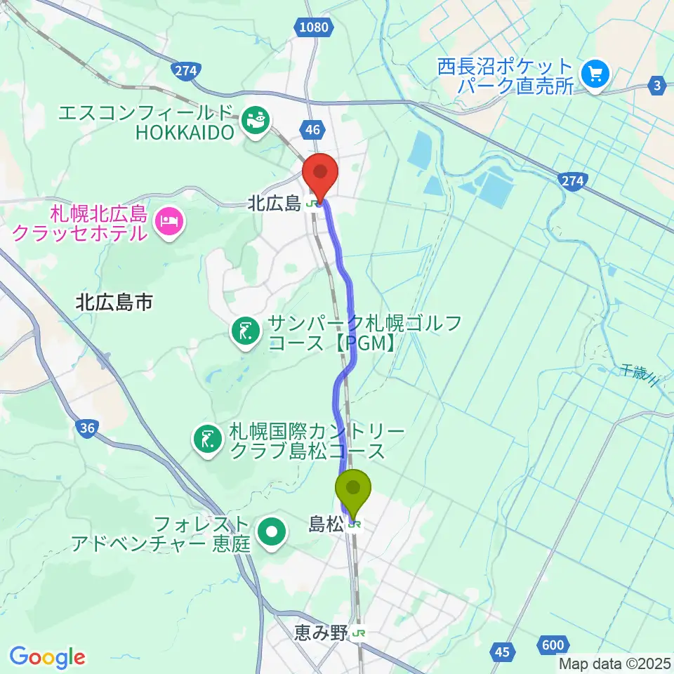 島松駅から北広島市芸術文化ホールへのルートマップ地図