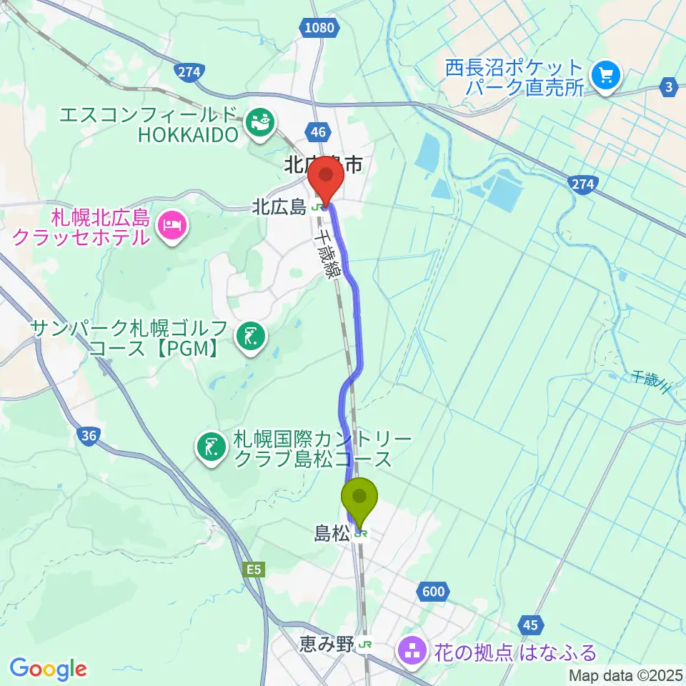 島松駅から北広島市芸術文化ホールへのルートマップ地図