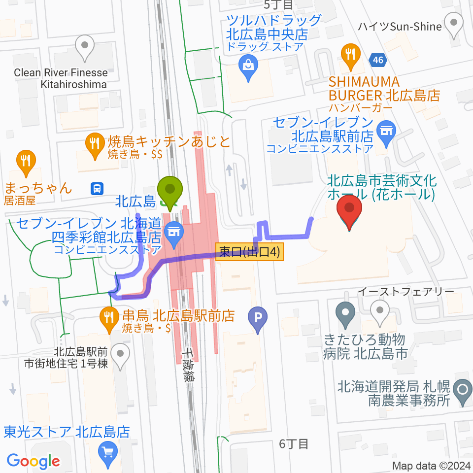北広島市芸術文化ホールの最寄駅北広島駅からの徒歩ルート（約3分）地図