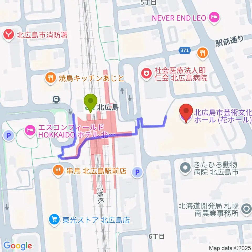 北広島市芸術文化ホールの最寄駅北広島駅からの徒歩ルート（約3分）地図