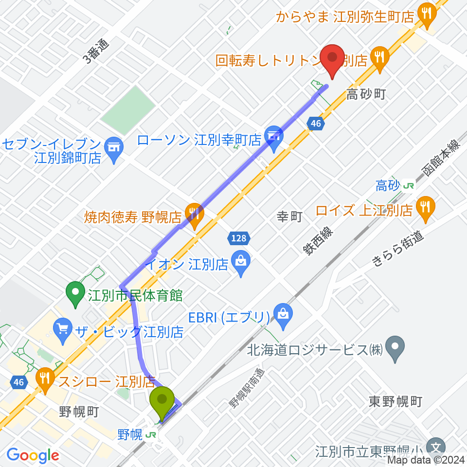 野幌駅から江別市民会館へのルートマップ地図