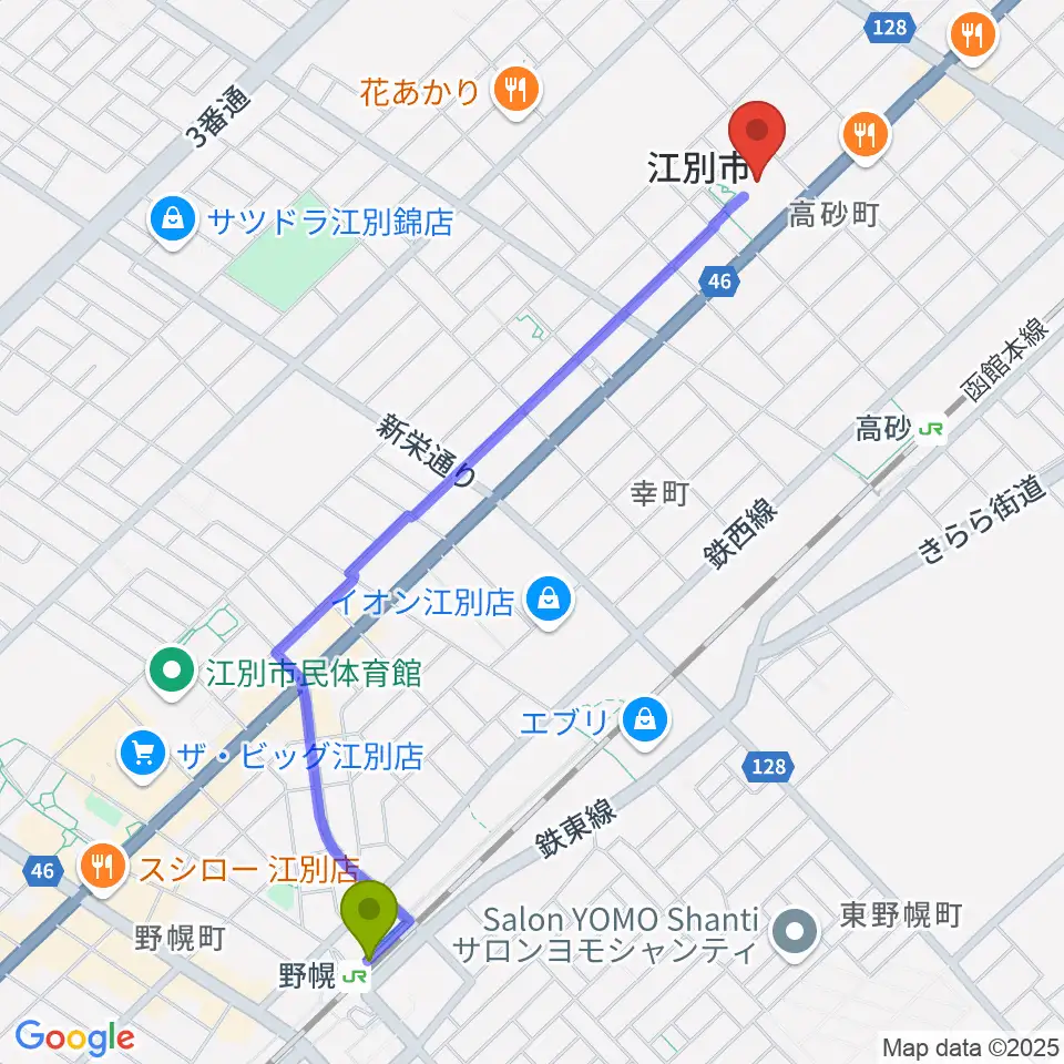 野幌駅から江別市民会館へのルートマップ地図