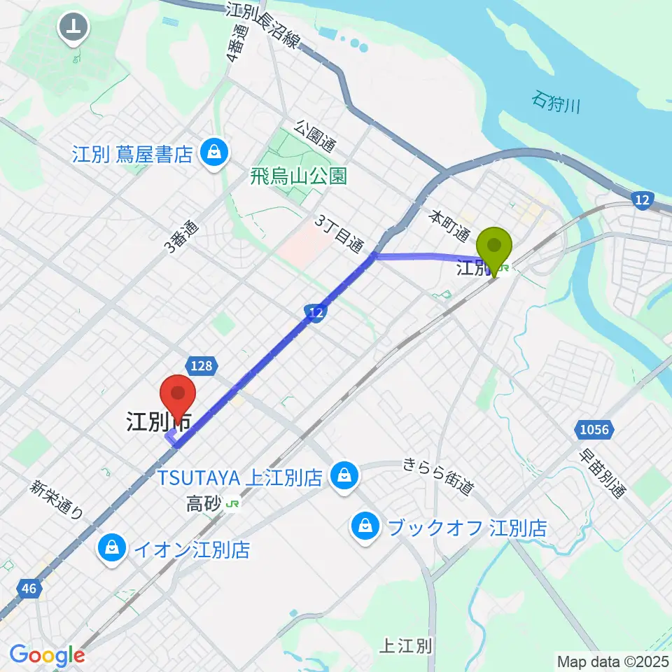 江別駅から江別市民会館へのルートマップ地図