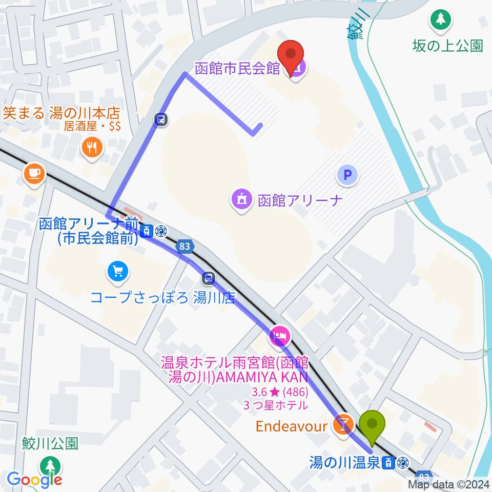 湯の川温泉駅から函館市民会館へのルートマップ地図