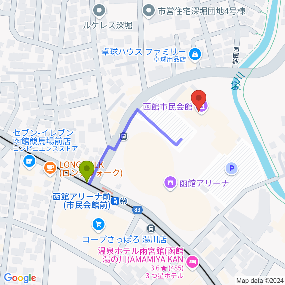 函館市民会館の最寄駅函館アリーナ前駅からの徒歩ルート（約3分）地図