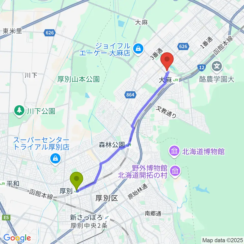 厚別駅からえぽあホールへのルートマップ地図