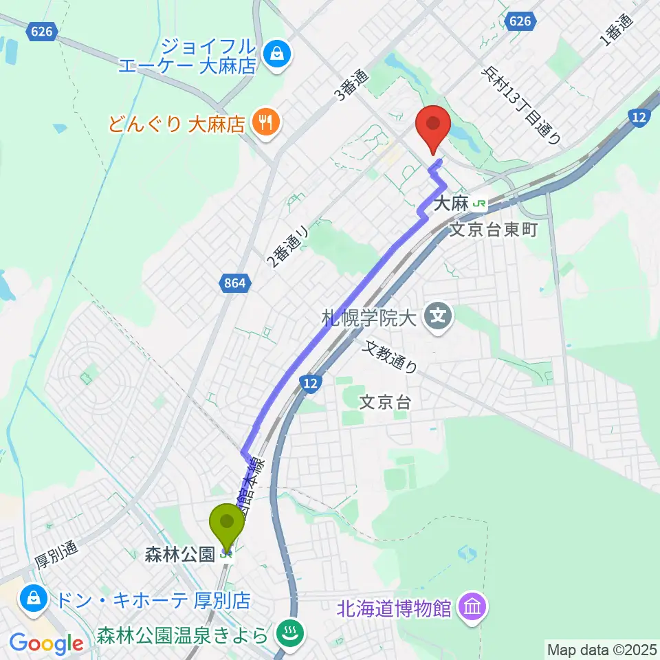 森林公園駅からえぽあホールへのルートマップ地図