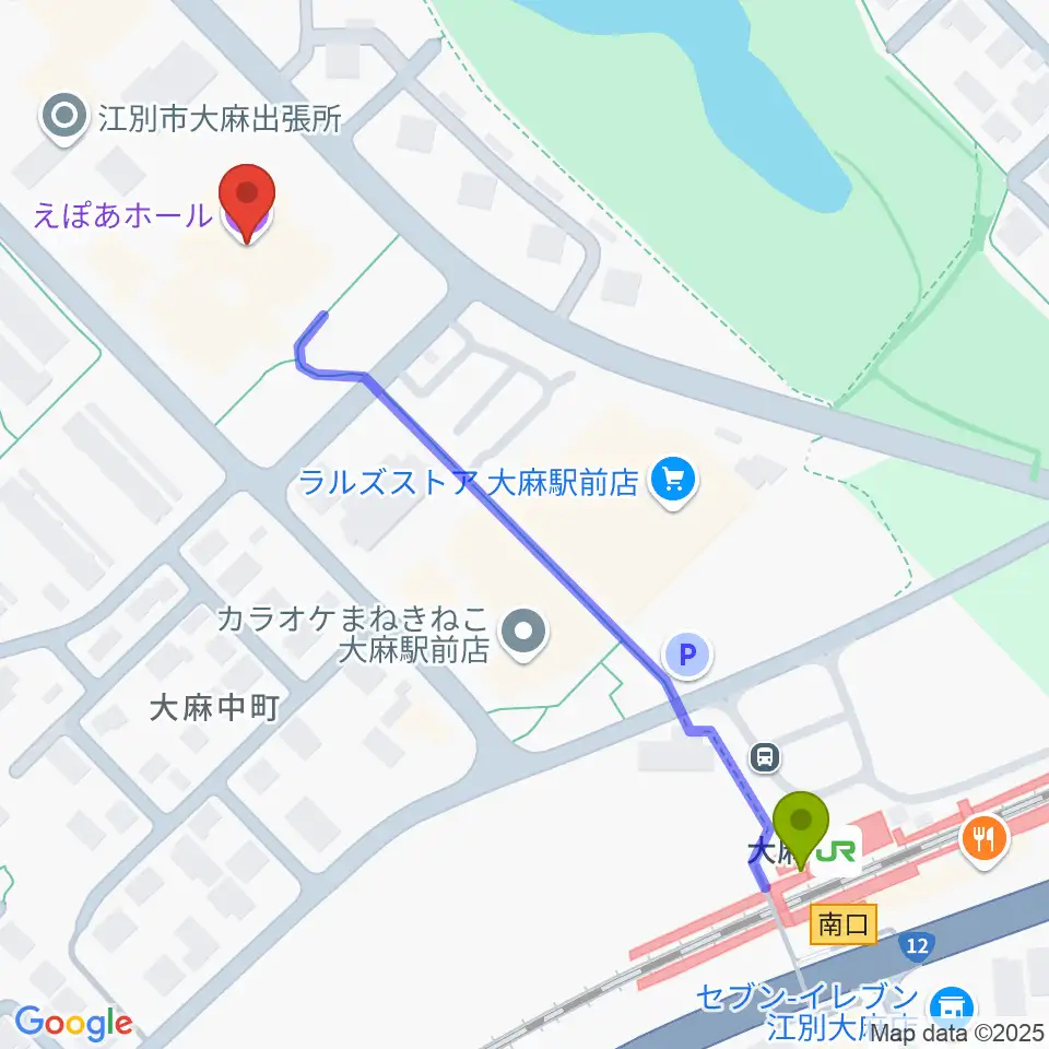 えぽあホールの最寄駅大麻駅からの徒歩ルート（約6分）地図