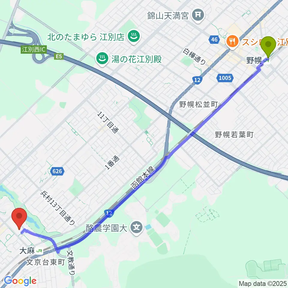 野幌駅からえぽあホールへのルートマップ地図