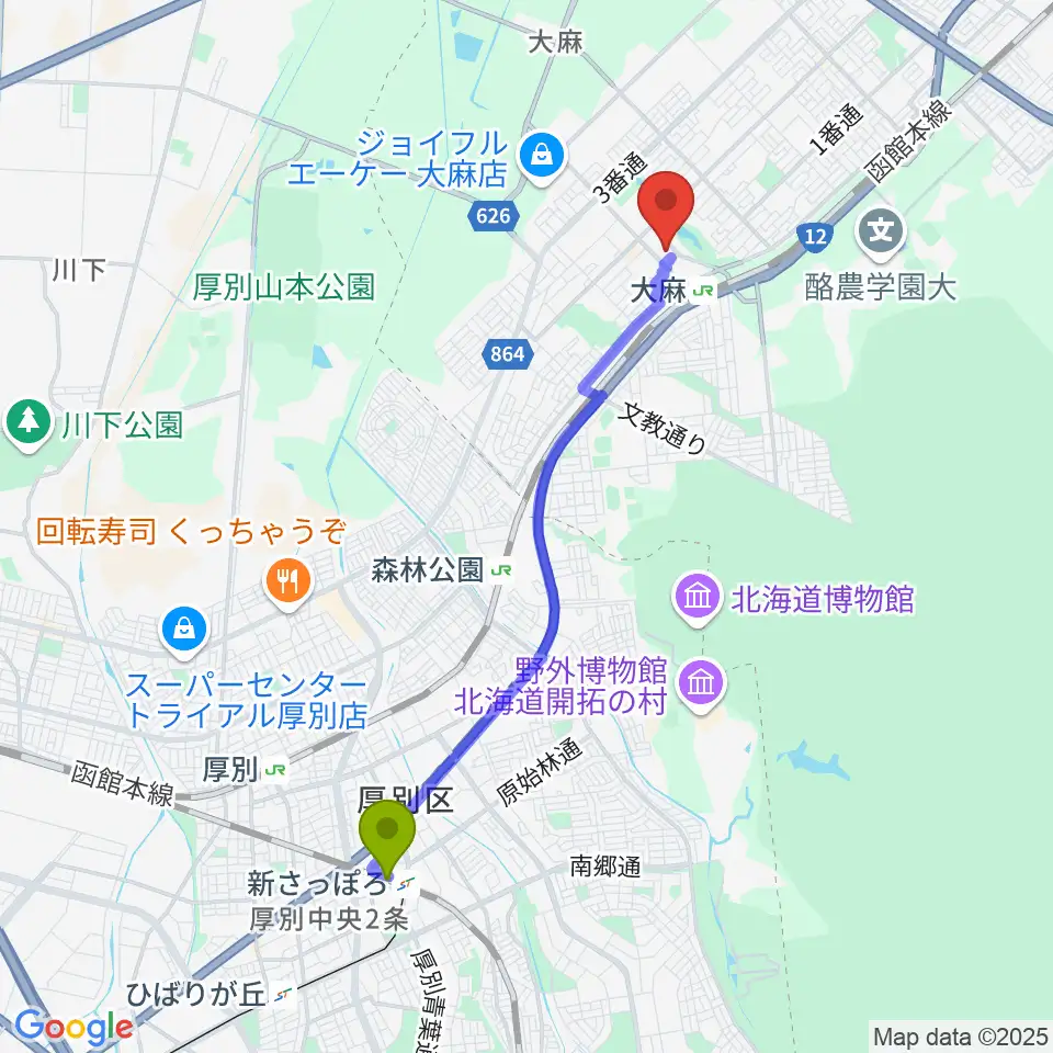 新札幌駅からえぽあホールへのルートマップ地図