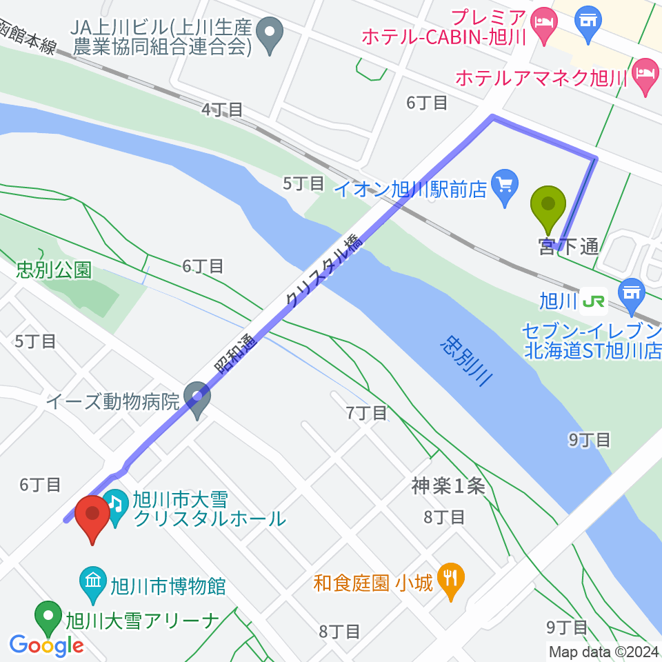 旭川市大雪クリスタルホールの最寄駅旭川駅からの徒歩ルート（約12分）地図