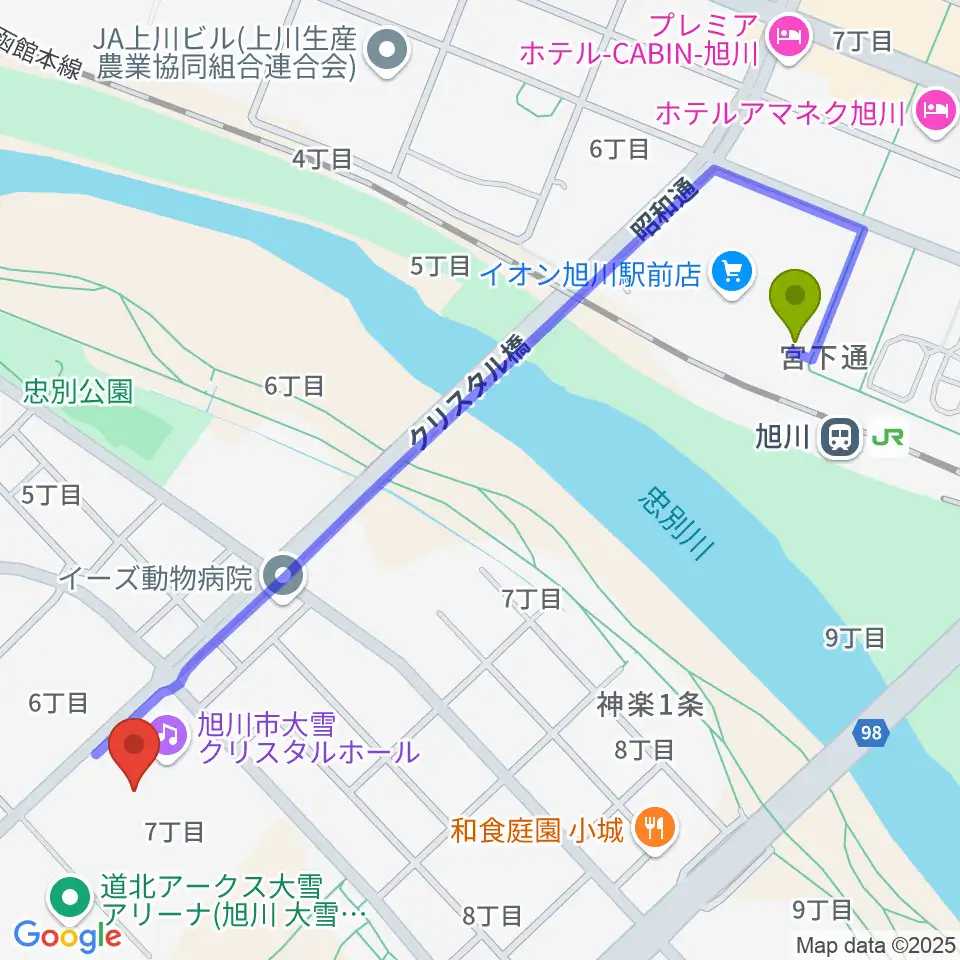 旭川市大雪クリスタルホールの最寄駅旭川駅からの徒歩ルート（約12分）地図