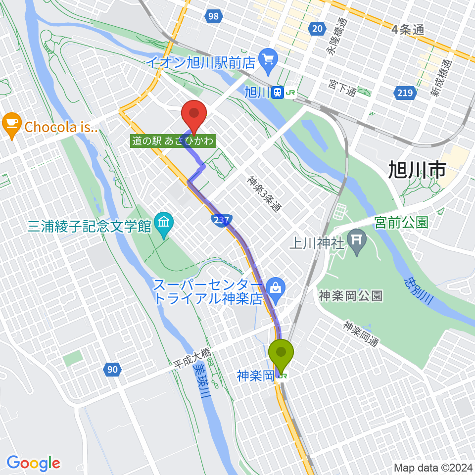 神楽岡駅から旭川市大雪クリスタルホールへのルートマップ地図