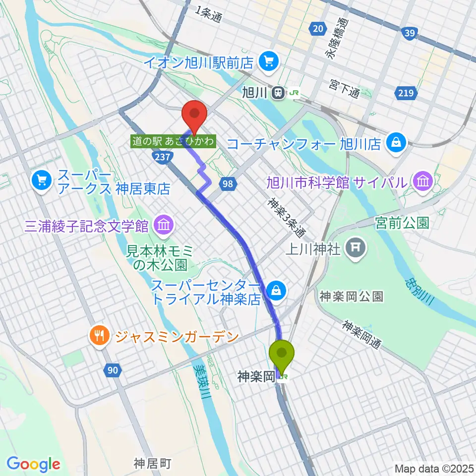 神楽岡駅から旭川市大雪クリスタルホールへのルートマップ地図