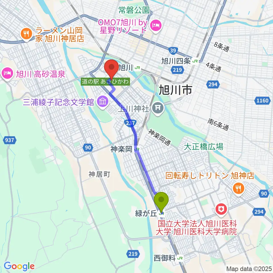 緑が丘駅から旭川市大雪クリスタルホールへのルートマップ地図