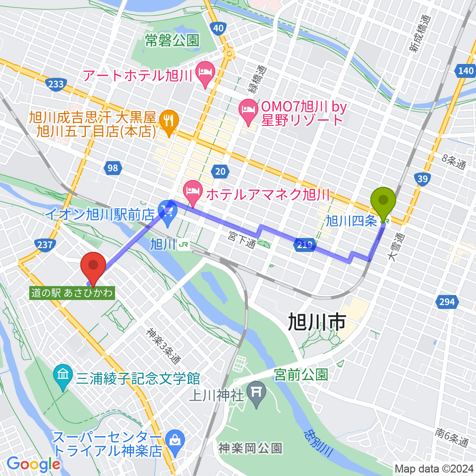旭川四条駅から旭川市大雪クリスタルホールへのルートマップ地図
