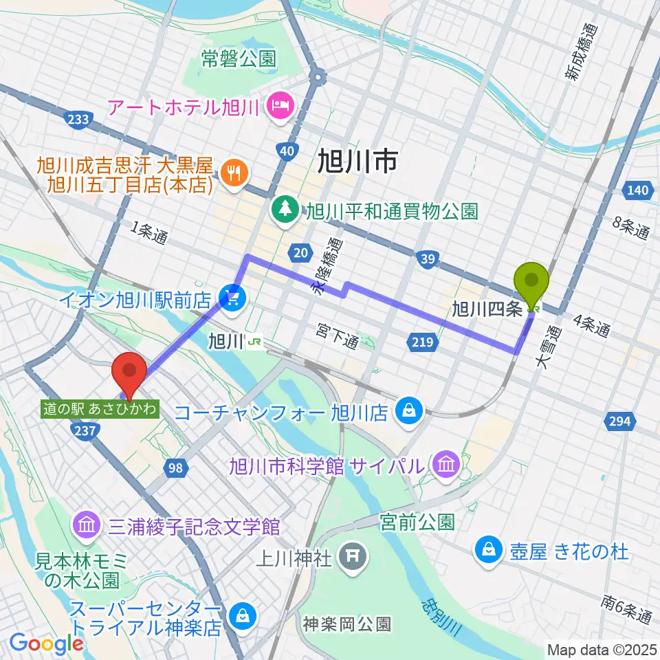 旭川四条駅から旭川市大雪クリスタルホールへのルートマップ地図
