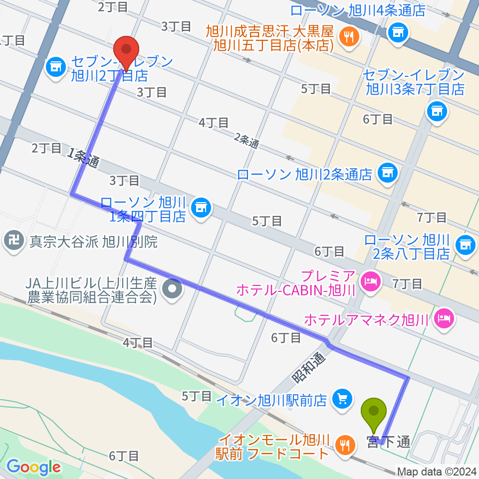 旭川アーリータイムズの最寄駅旭川駅からの徒歩ルート（約13分）地図