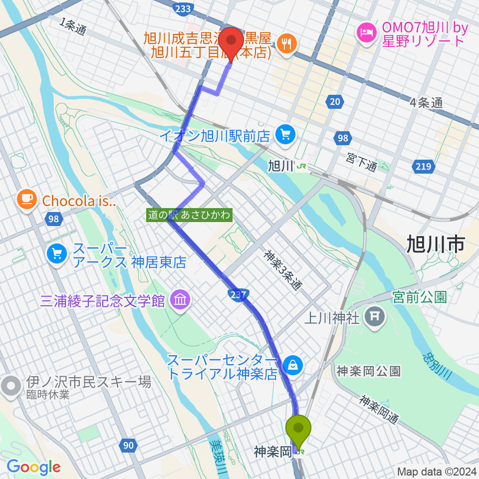 神楽岡駅から旭川アーリータイムズへのルートマップ地図