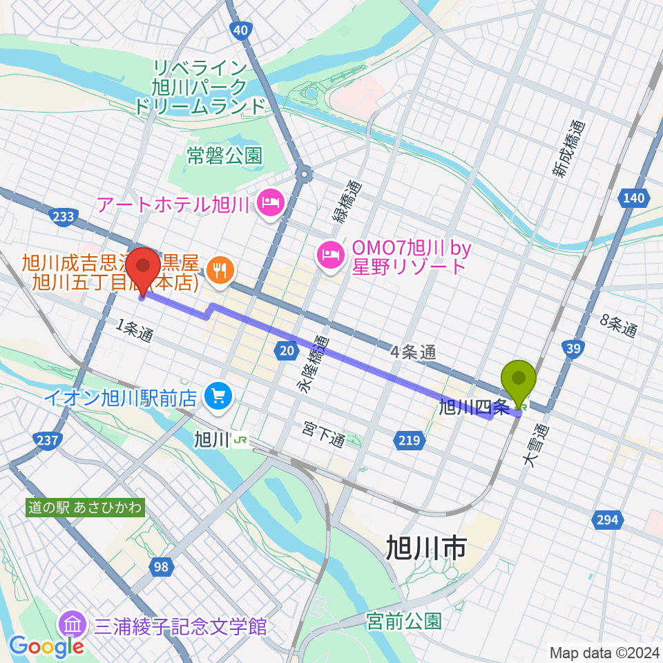 旭川四条駅から旭川アーリータイムズへのルートマップ地図