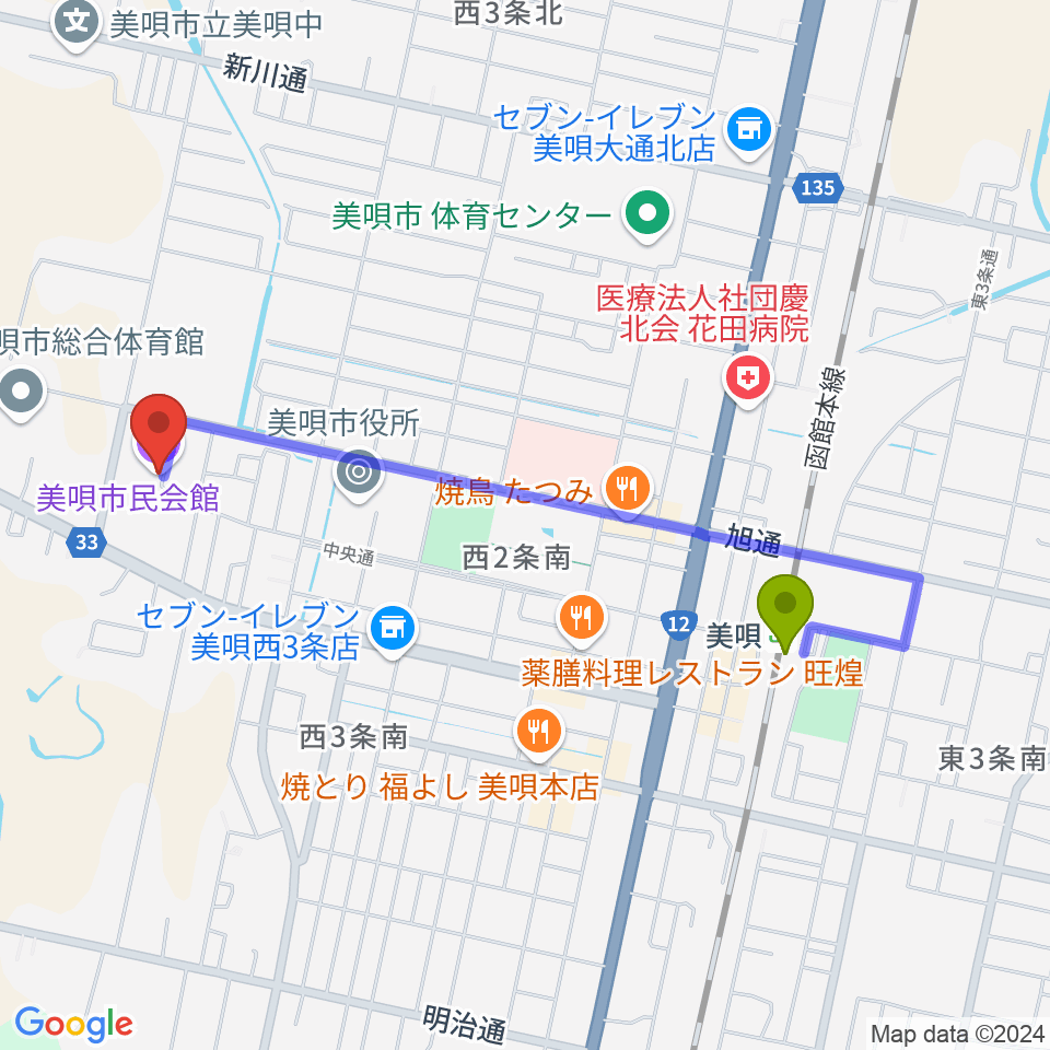 美唄市民会館の最寄駅美唄駅からの徒歩ルート（約17分）地図