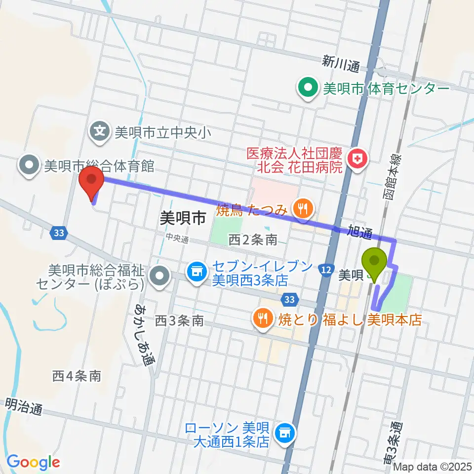 美唄市民会館の最寄駅美唄駅からの徒歩ルート（約17分）地図
