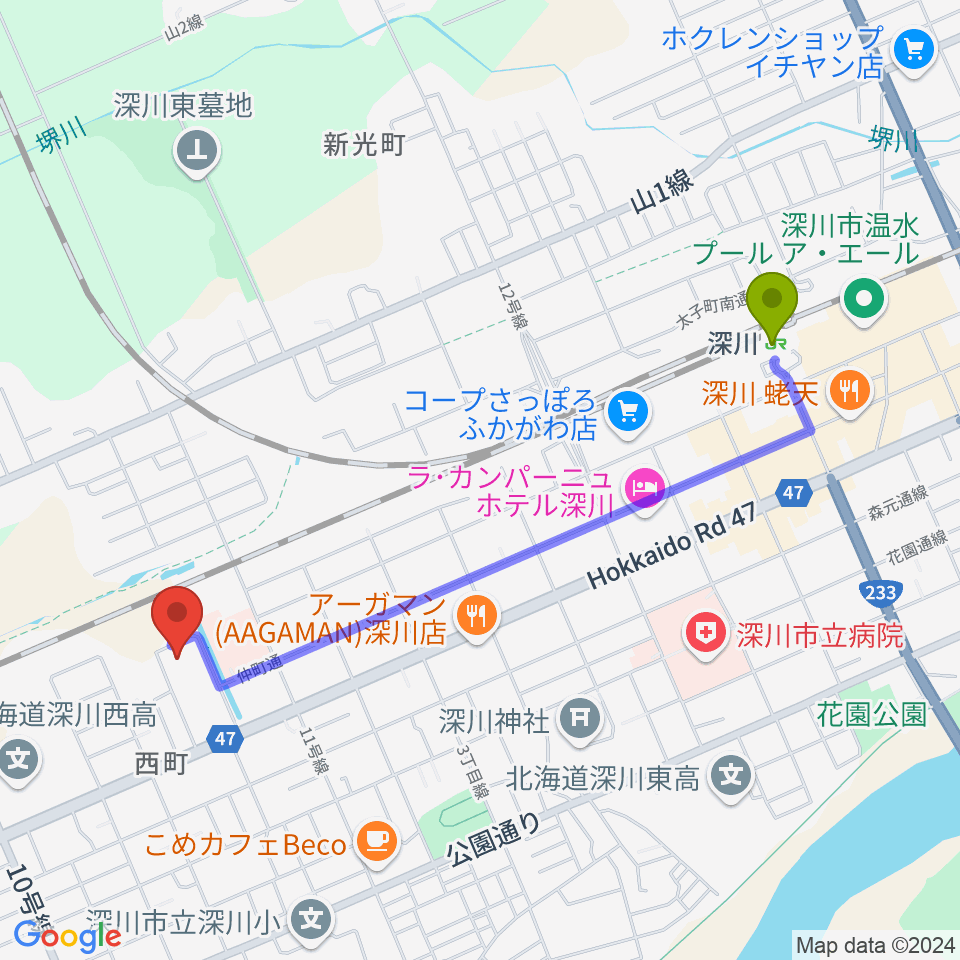 深川市生きがい文化センターの最寄駅深川駅からの徒歩ルート（約19分）地図