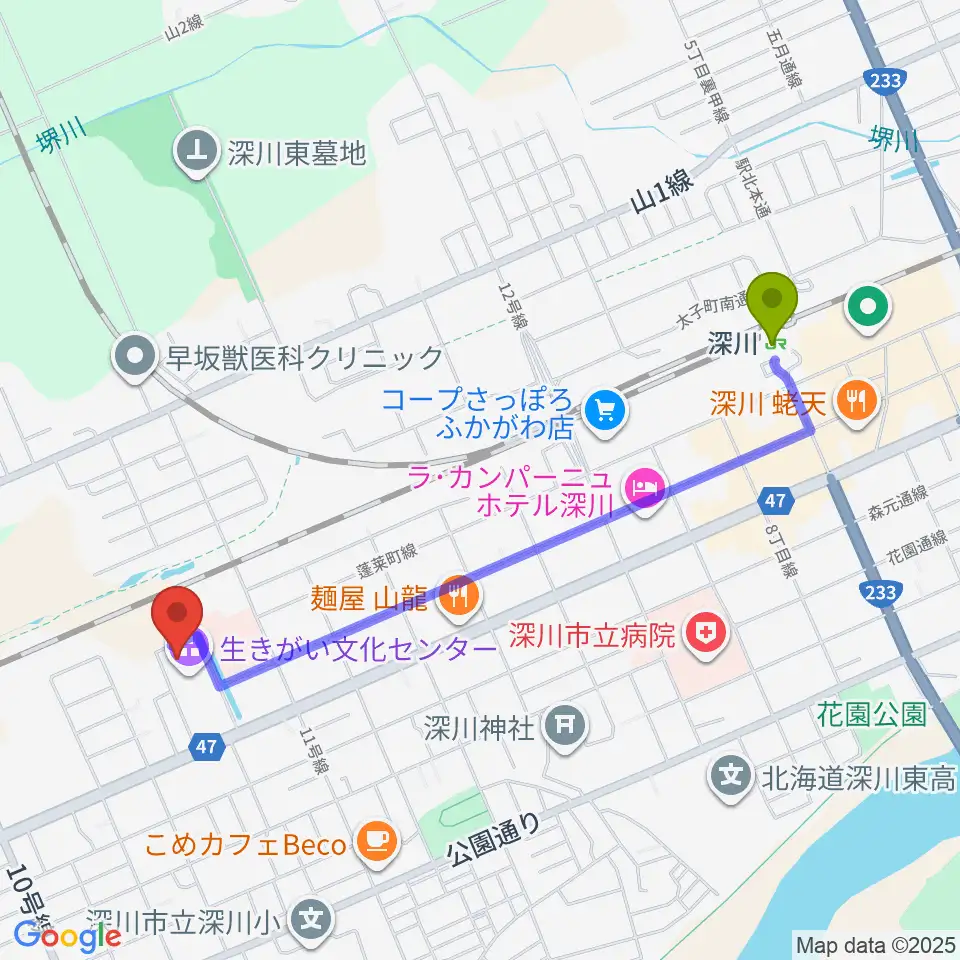 深川市生きがい文化センターの最寄駅深川駅からの徒歩ルート（約19分）地図