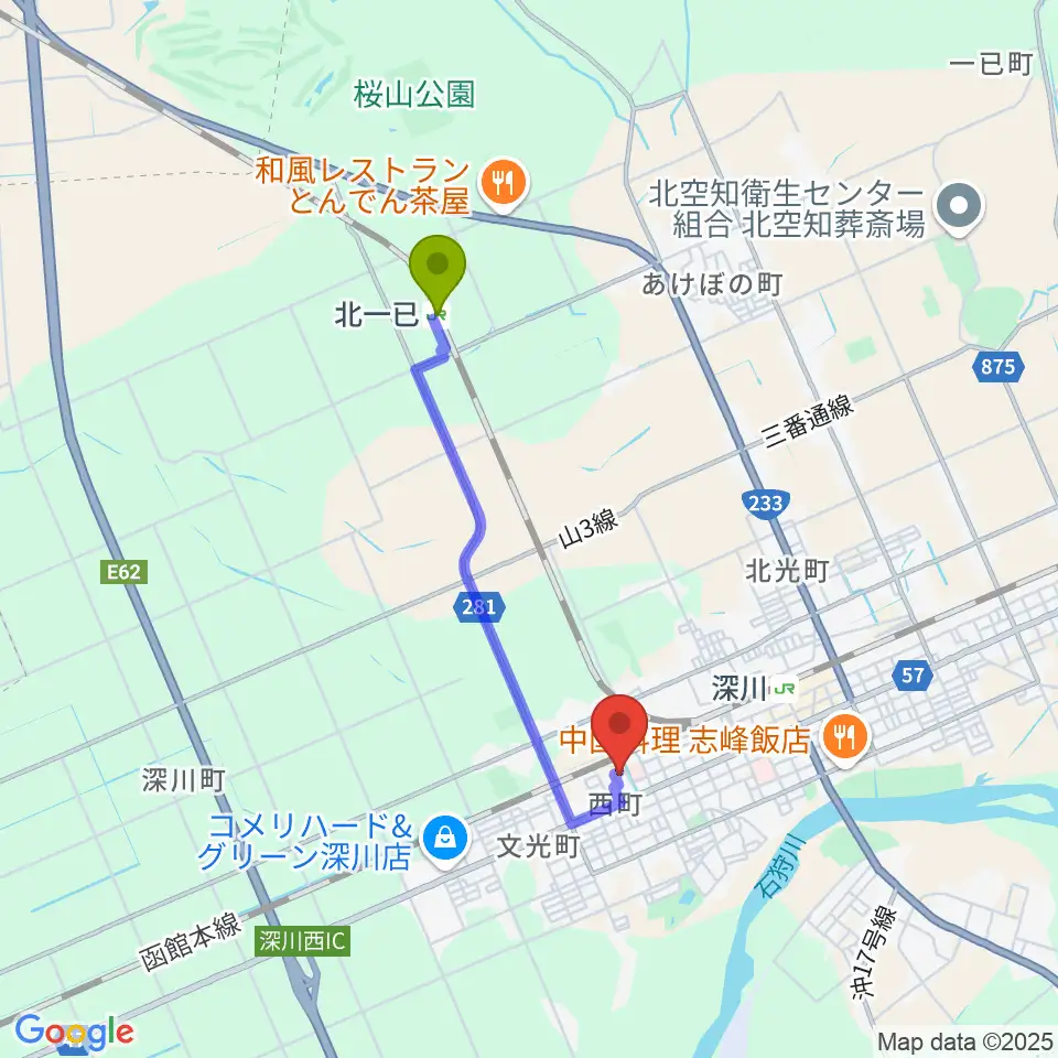 北一已駅から深川市生きがい文化センターへのルートマップ地図