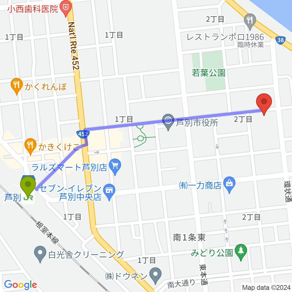 芦別市民会館の最寄駅芦別駅からの徒歩ルート（約12分）地図