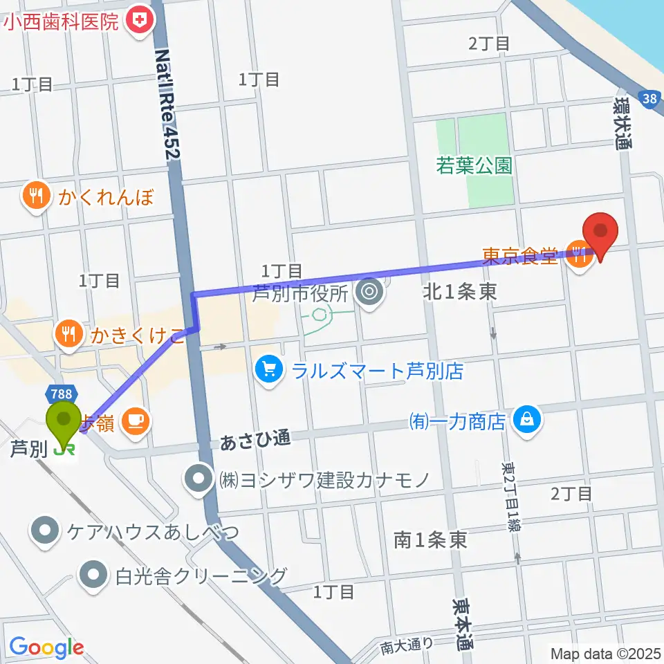 芦別市民会館の最寄駅芦別駅からの徒歩ルート（約12分）地図