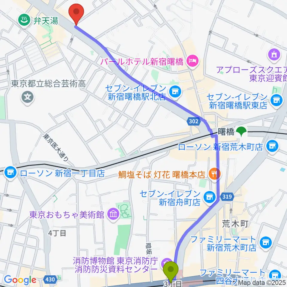 四谷三丁目駅からミュージカルドッグスタジオへのルートマップ地図