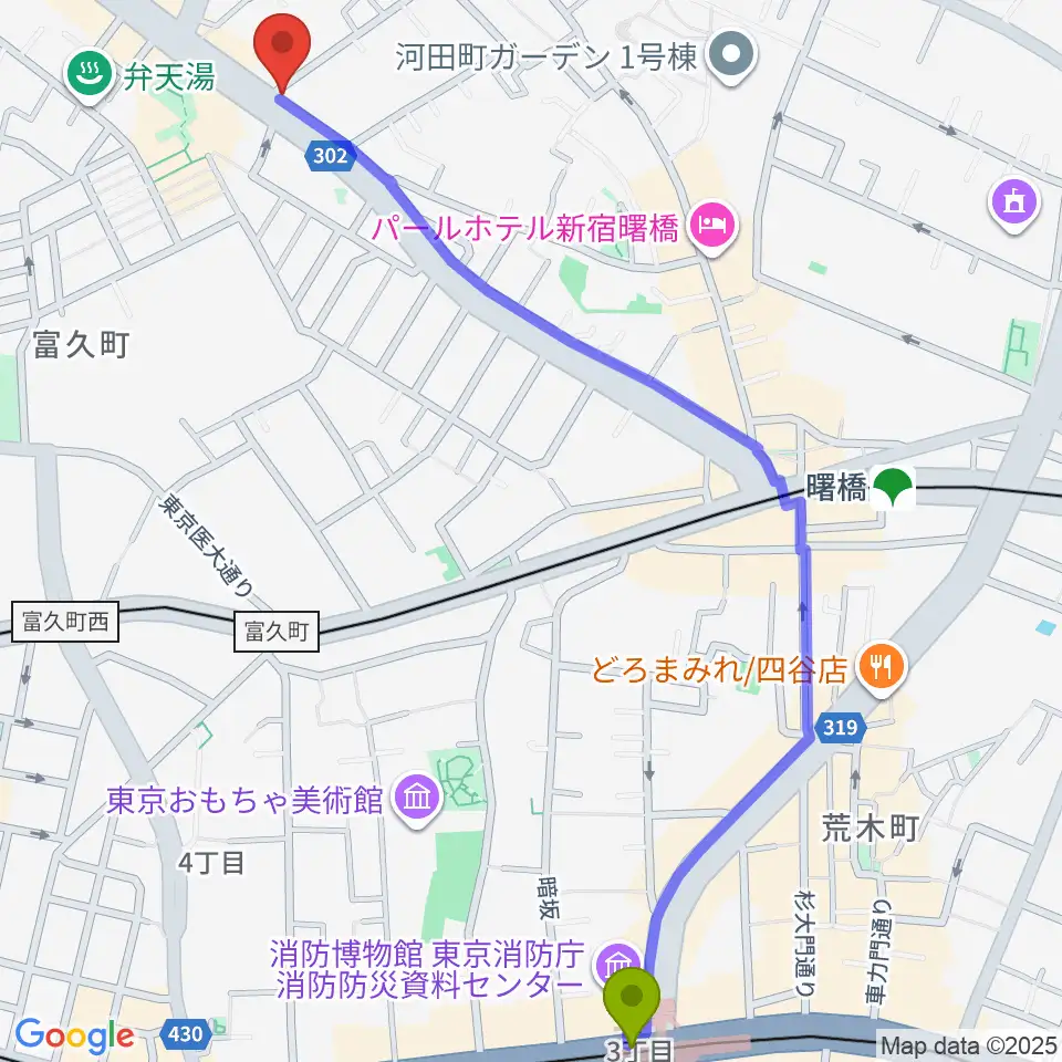 四谷三丁目駅からミュージカルドッグスタジオへのルートマップ地図