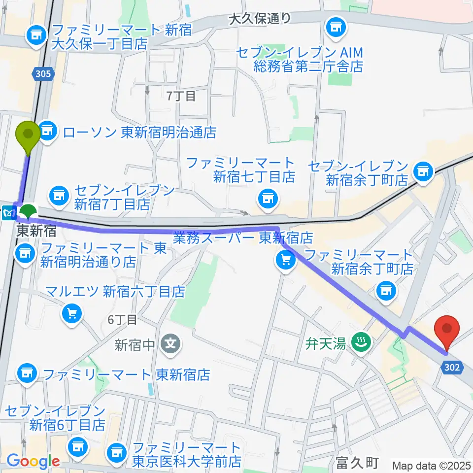 東新宿駅からミュージカルドッグスタジオへのルートマップ地図