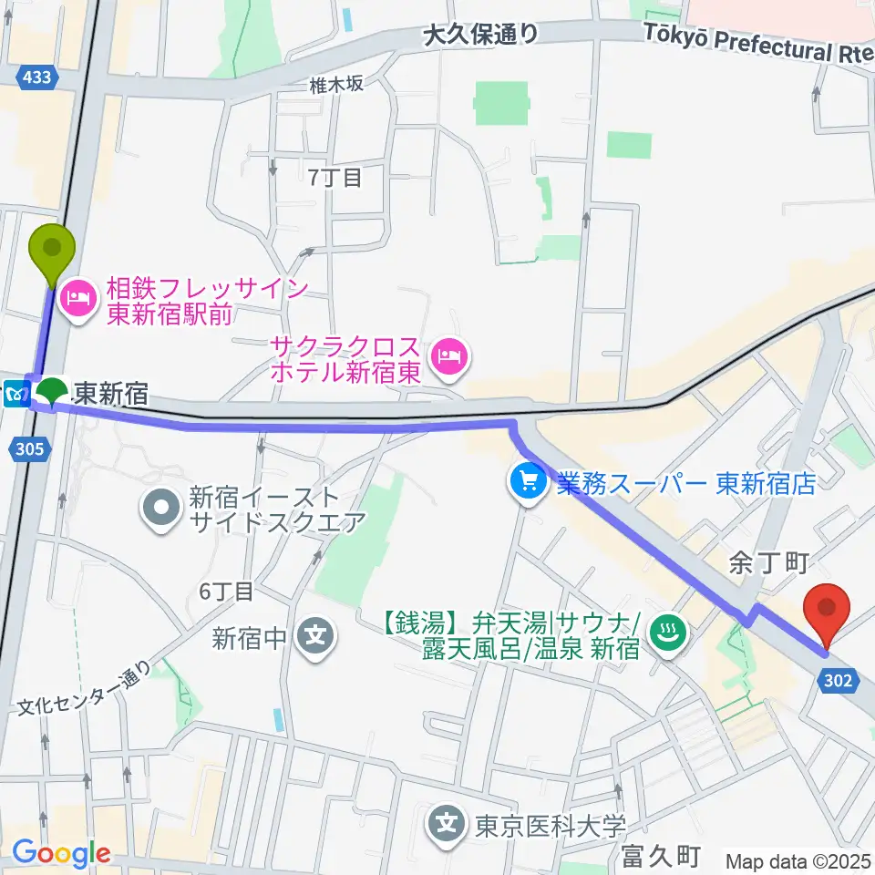 東新宿駅からミュージカルドッグスタジオへのルートマップ地図
